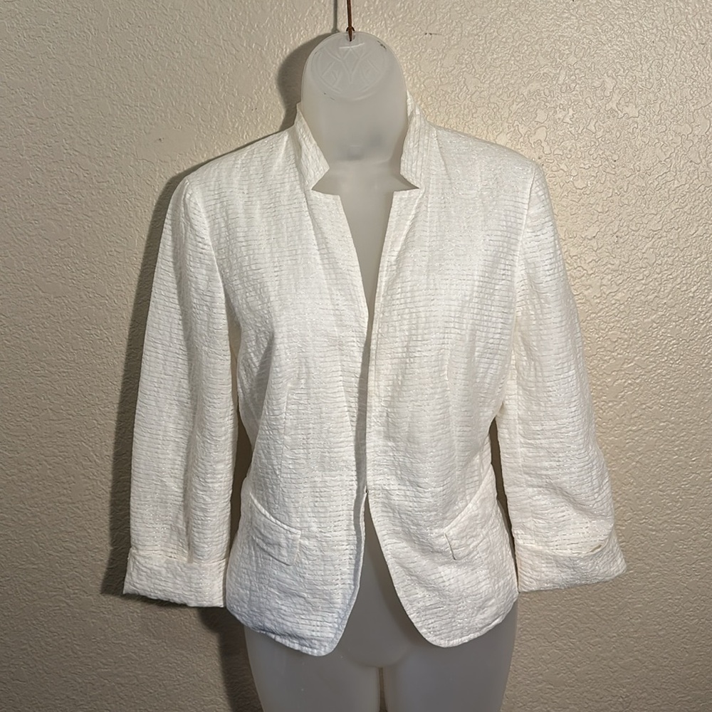 NineWest 4 white ribbon blazer 1/2 sleeve cropped hook & eye small coller lapel